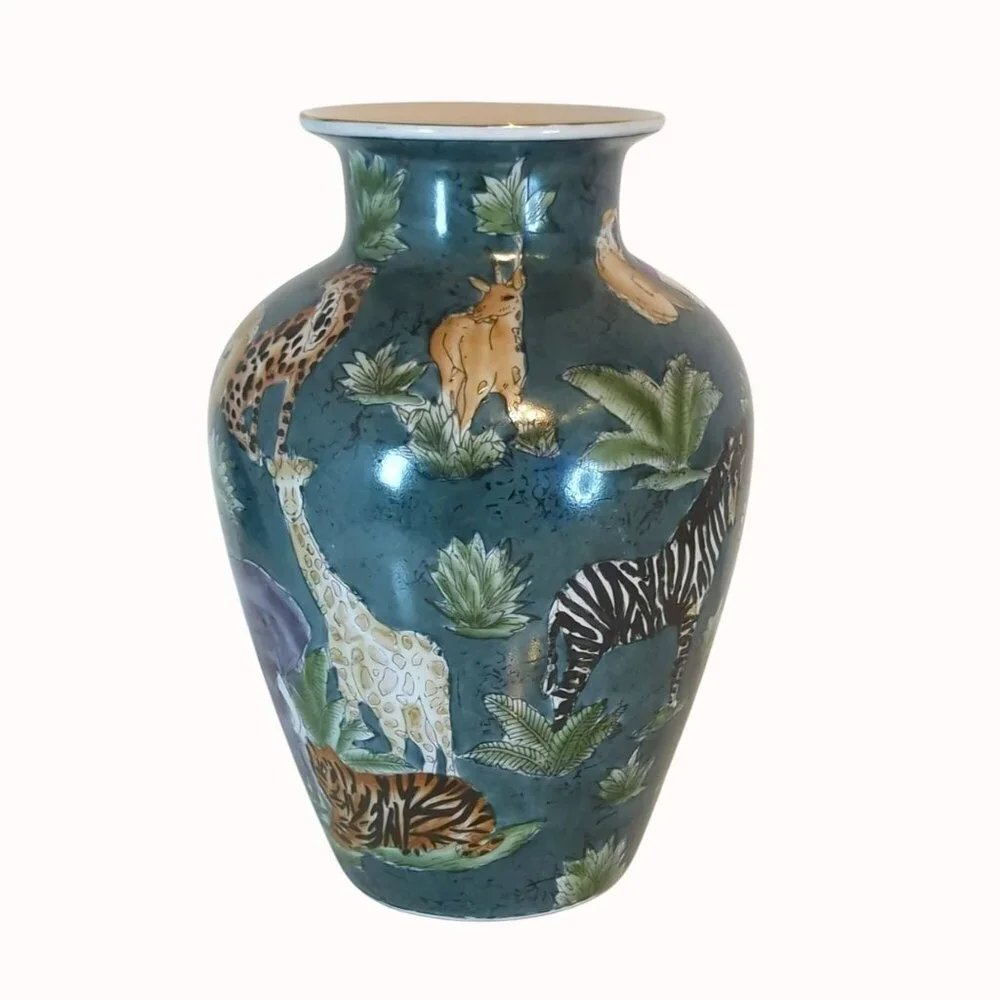 Vintage Hand-Painted Green Ceramic Vase With African Wildlife Safari Animals